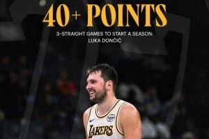 湖人官方:东契奇开季连续三场40+得分!上一位做到的是张伯伦!